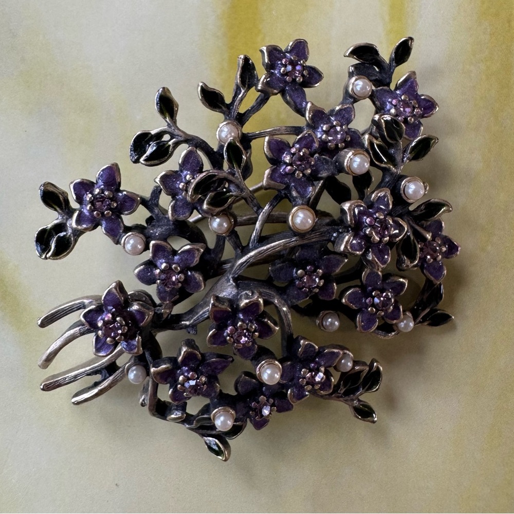 RARE Vintage Hobe Silver Tone Floral Branch Purple Enamel Pearls Pin Brooch